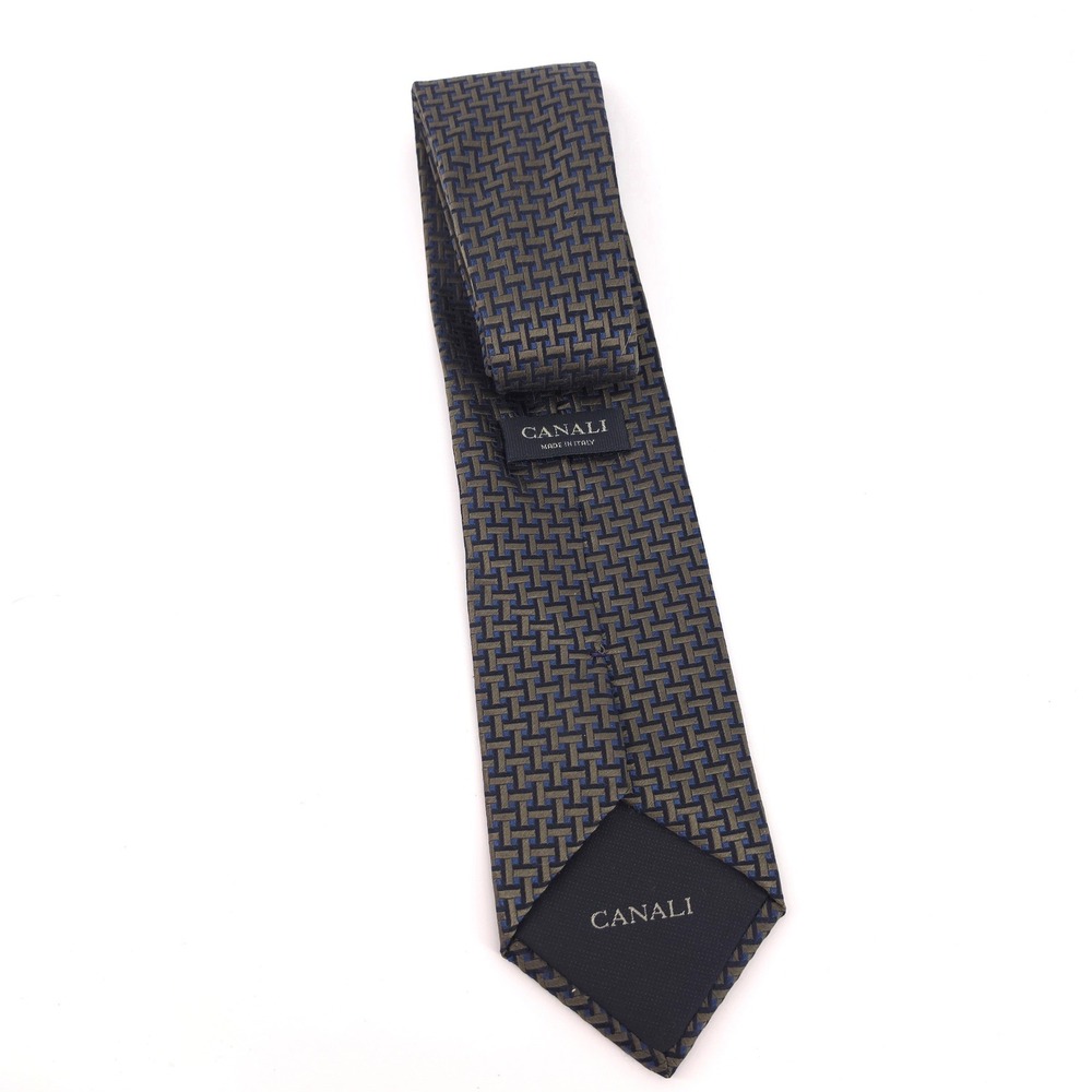 Canali Mens Tie 100% Silk Olive Green Navy Geometric Basketweave Made in Italy - Picture 2 of 10